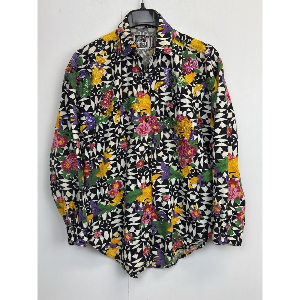 Vintage 90s Womens L Andrew Sports Studio Button Up Shirt Abstract Sequin Beaded